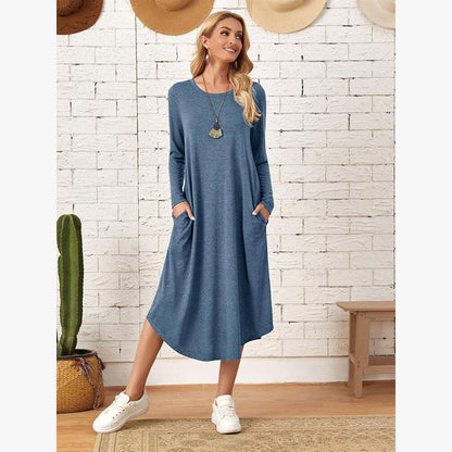Women's Cotton Maxi Dress – Solid Color Long Sleeve A-Line with Pockets FitiqueFit