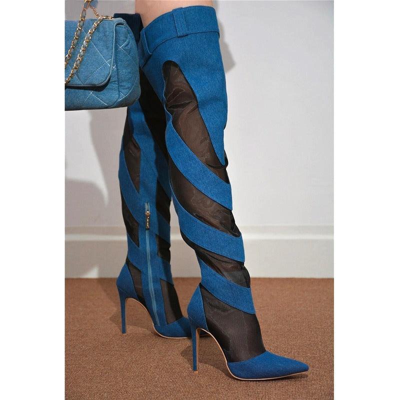 Patchwork Thigh High Knee Boots - Brazen Blue & Jet Black | Ultra High Heels Country in My Heart