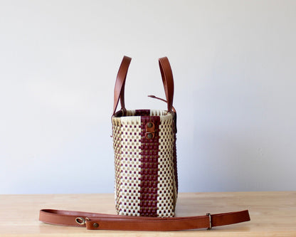Vida Purse – Maroon, Gold & Beige Handwoven Purse with Leather Handles MexiMexi