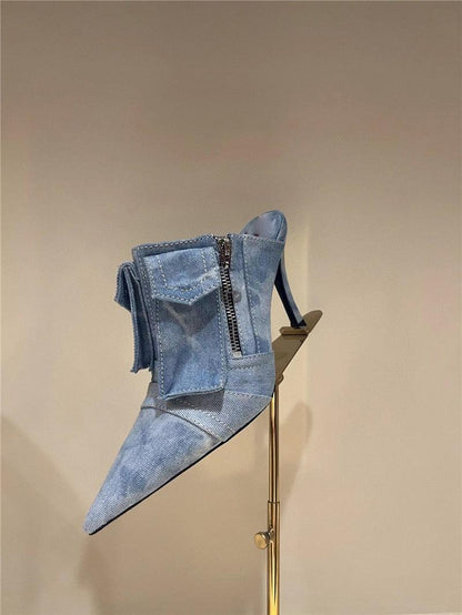 Women Pocket Denim Pointed Toe Heeled Ankle Boots Country in My Heart