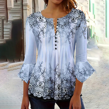 Women’s V-Neck 3/4 Sleeve Button-Front Tunic Blouse FitiqueFit