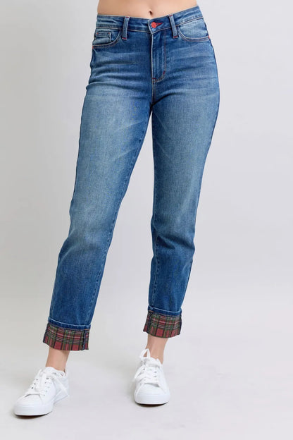 Judy Blue Full Size Plaid Print Cuff Straight Leg Jeans with Pockets New Era Fashion LLc