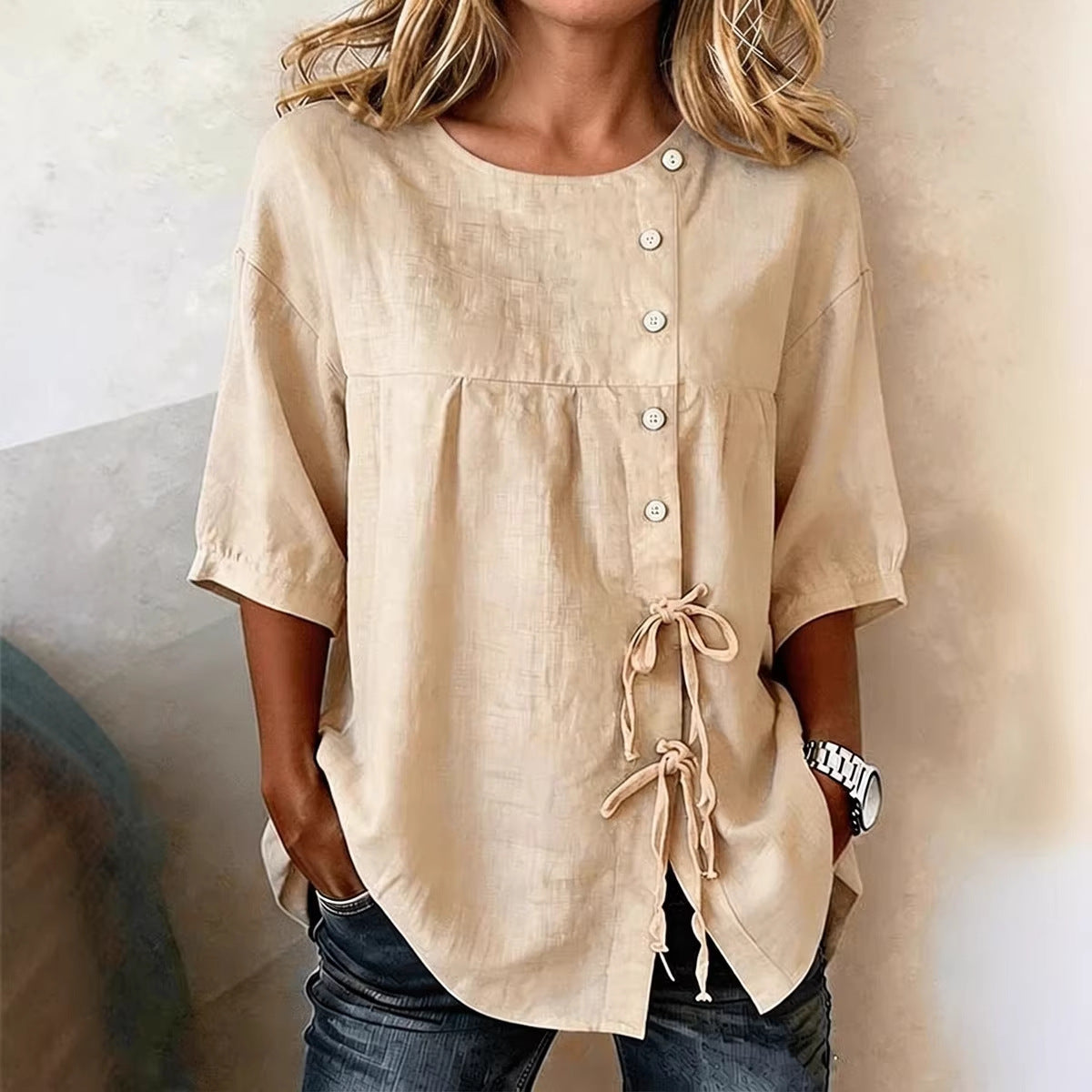 Women's Linen Lace-Up Button Shirt – 3/4 Sleeve Asymmetric FitiqueFit