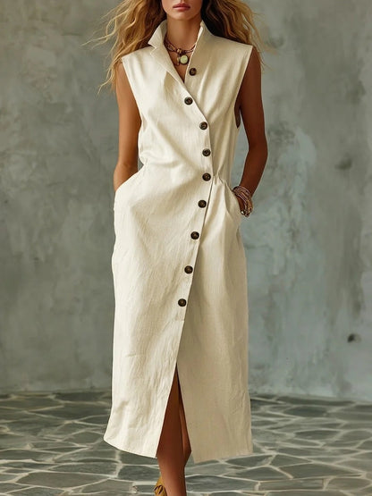 Women's Slim-Fit Sleeveless Stand Collar Pleated Midi Dress FitiqueFit