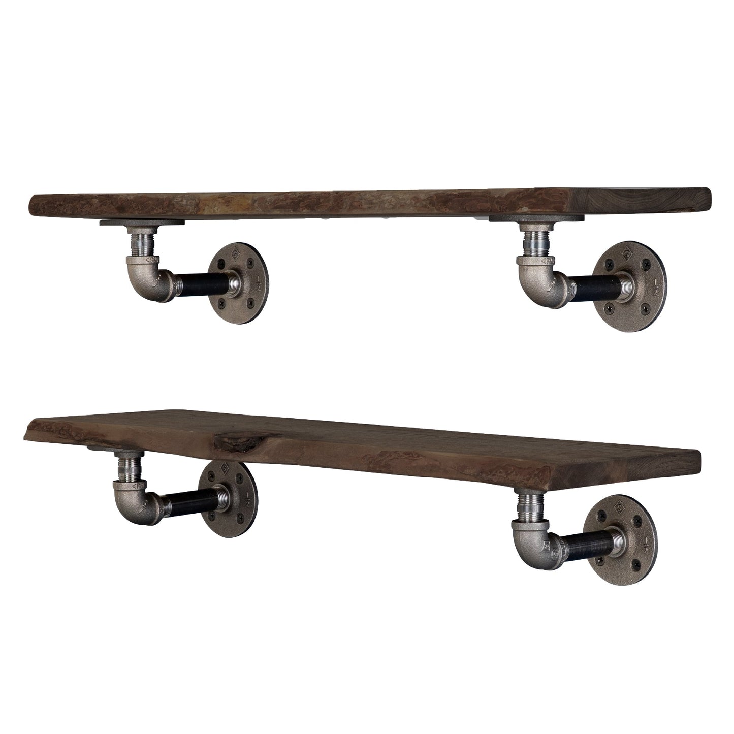 24” Trail Brown Live Edge Wood Shelf with L-Shaped Pipe Brackets (2-Pack) PIPE DECOR
