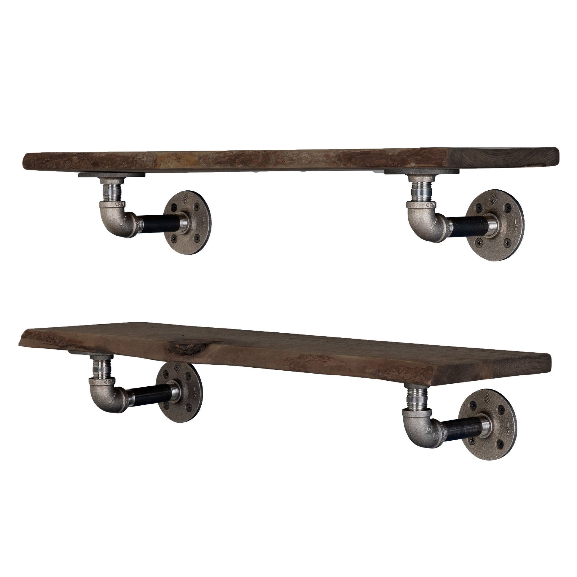 24” Trail Brown Live Edge Wood Shelf with L-Shaped Pipe Brackets (2-Pack) PIPE DECOR