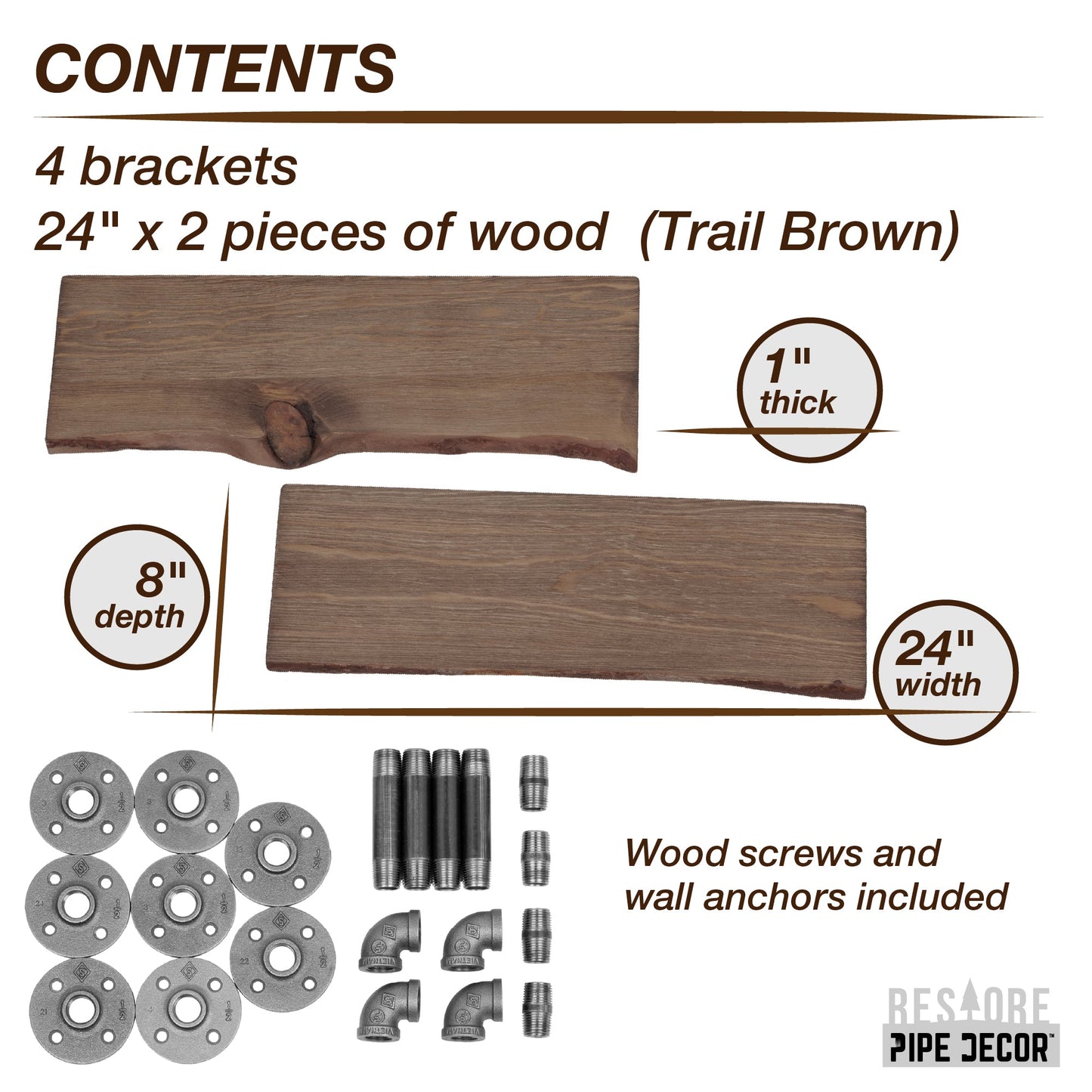 24” Trail Brown Live Edge Wood Shelf with L-Shaped Pipe Brackets (2-Pack) PIPE DECOR