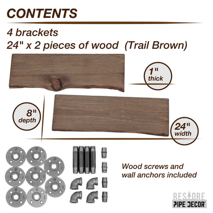 24” Trail Brown Live Edge Wood Shelf with L-Shaped Pipe Brackets (2-Pack) PIPE DECOR