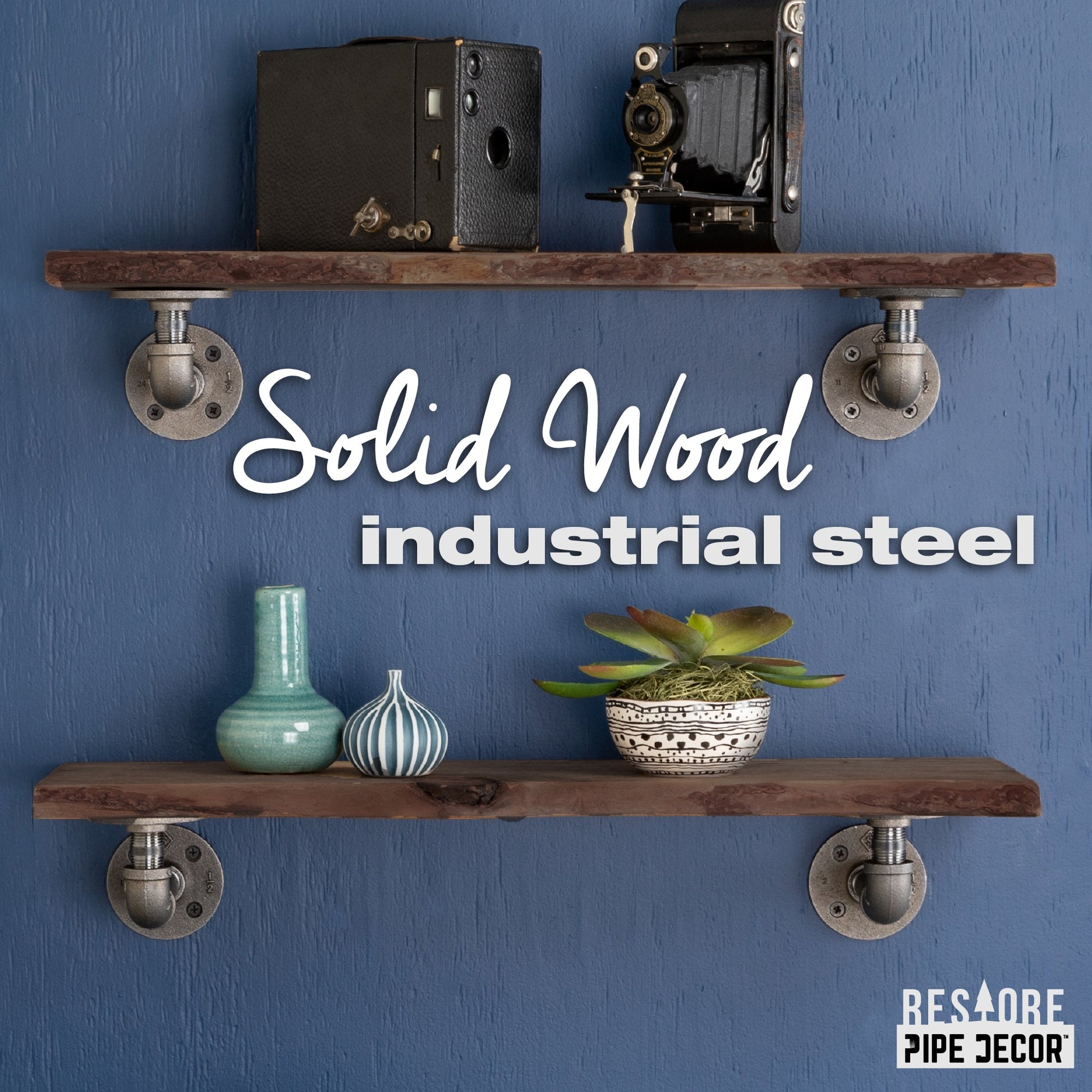 24” Trail Brown Live Edge Wood Shelf with L-Shaped Pipe Brackets (2-Pack) PIPE DECOR