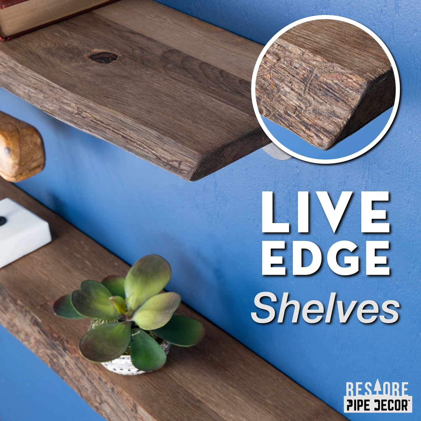 24” Trail Brown Live Edge Wood Shelf with L-Shaped Pipe Brackets (2-Pack) PIPE DECOR