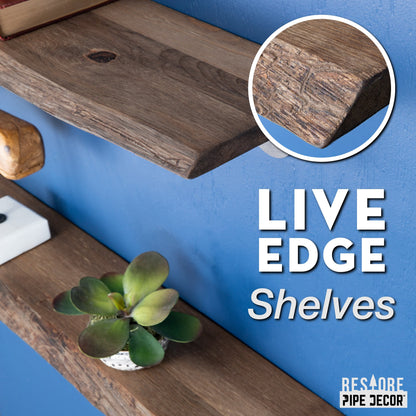 24” Trail Brown Live Edge Wood Shelf with L-Shaped Pipe Brackets (2-Pack) PIPE DECOR
