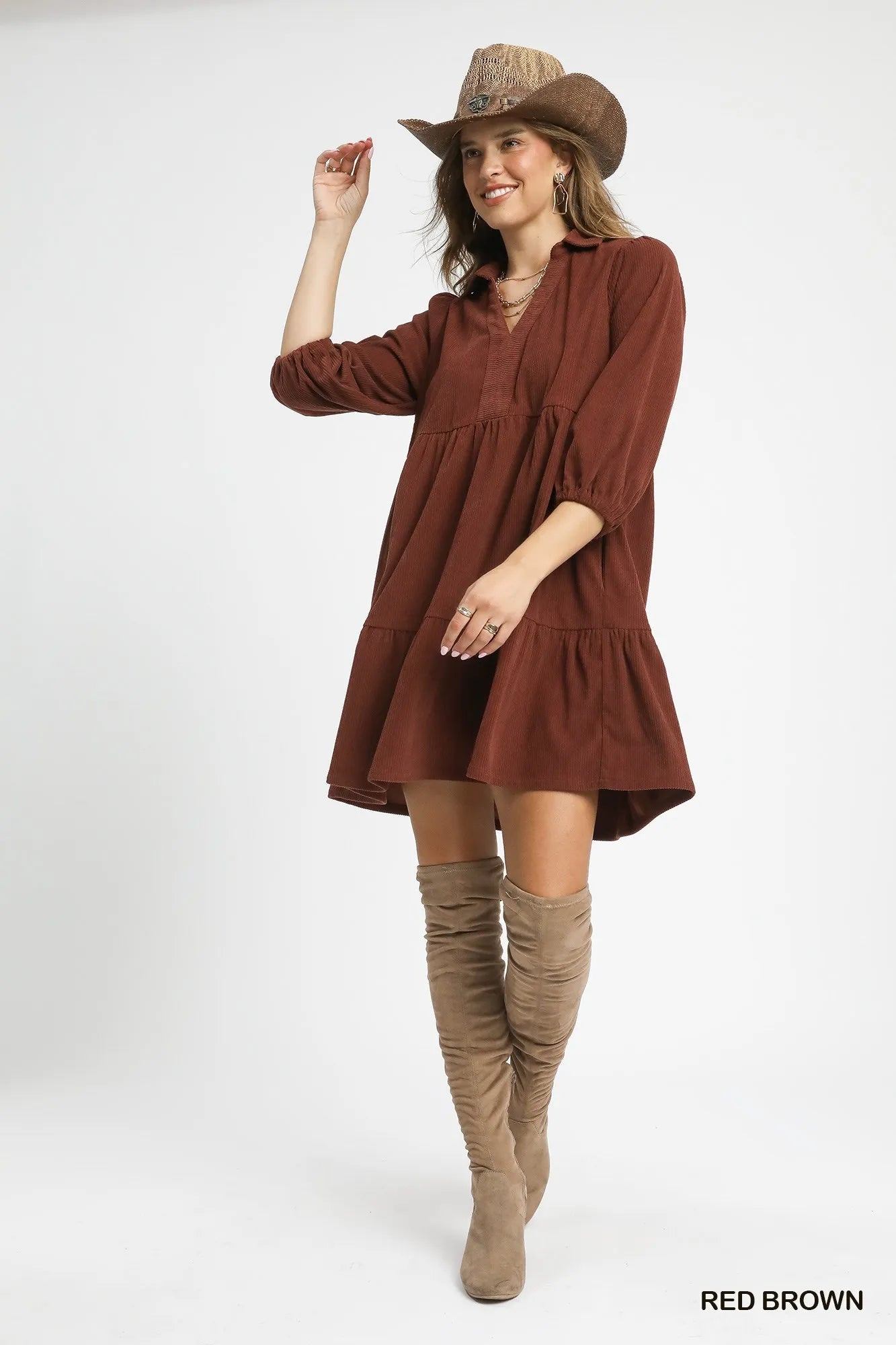 Umgee Tiered Corduroy Mini Dress with Balloon Sleeves West2East Surf