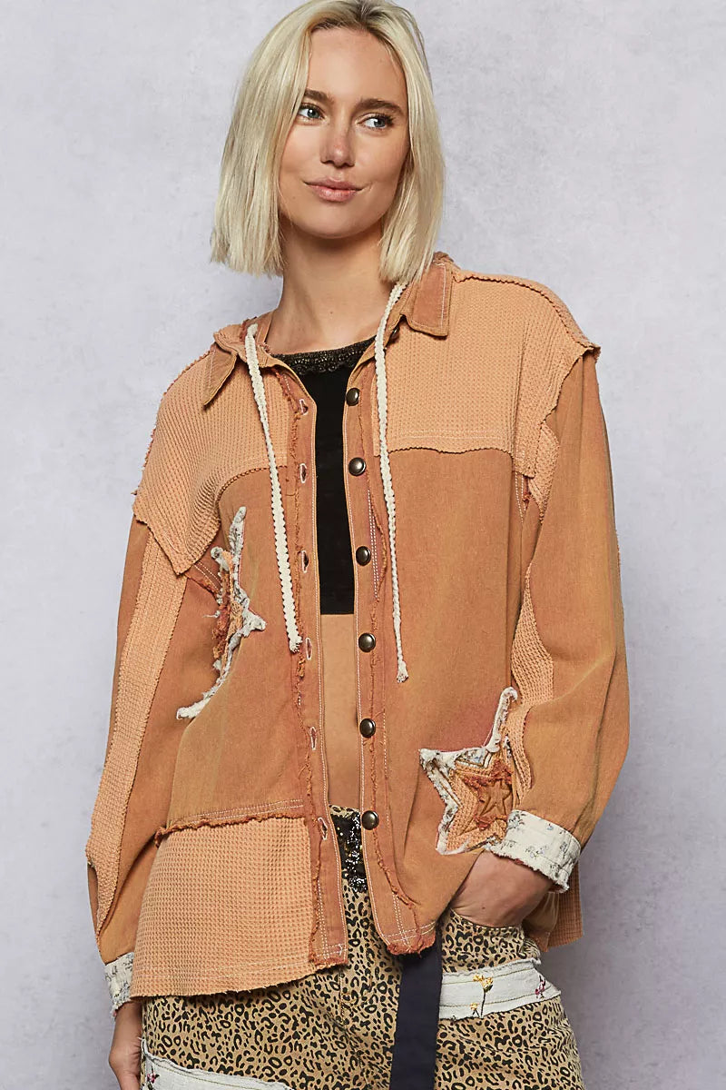 POL Button Down Hooded Jacket with Star Patch Pattern FitiqueFit