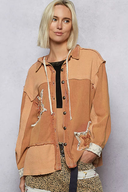 POL Button Down Hooded Jacket with Star Patch Pattern FitiqueFit