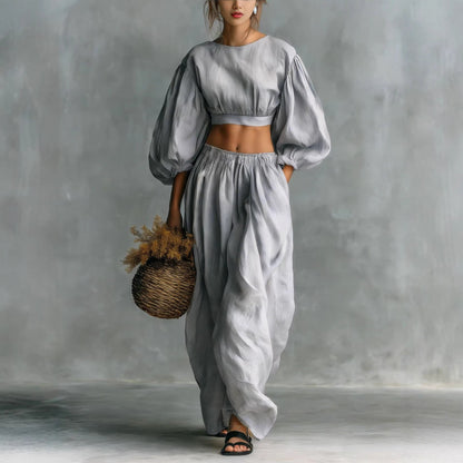 Women's Puff-Sleeve Crew-Neck Two-Piece Set with Pockets FitiqueFit