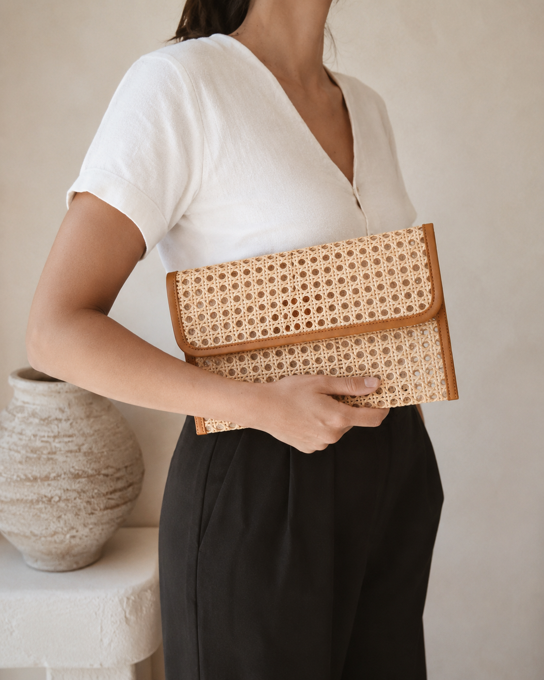 Eva Leather and Rattan Clutch Village Thrive