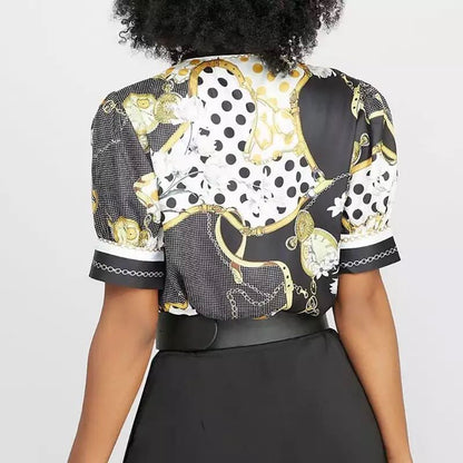 Printed chain shirt bow puff sleeve See size chart under “more details” The Fashion Celestial