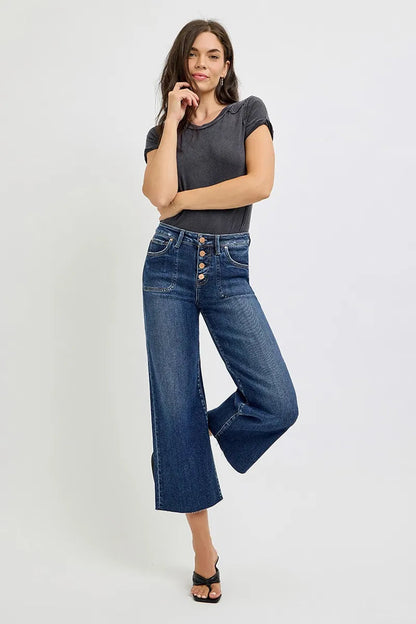 RISEN Full Size High Rise Crop Wide Button Up Jeans Plus Size Garden Naked Curves