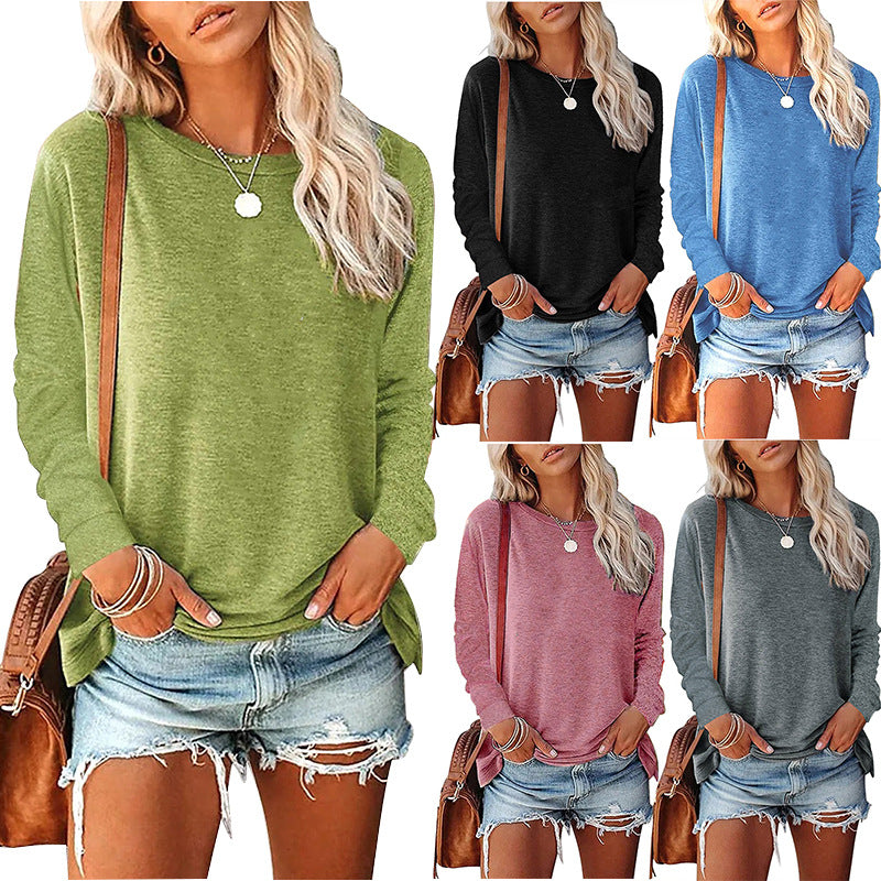 Women's Solid-Color Long-Sleeve Crew-Neck Pullover T-Shirt FitiqueFit