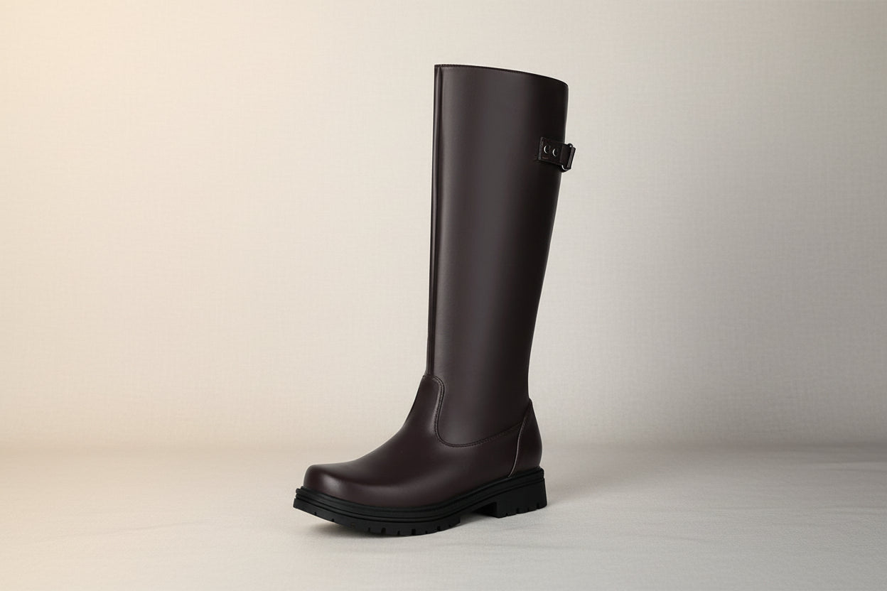 Women’s Retro British-Style Riding Boots – Leather Belt Buckle Knee Boots FitiqueFit