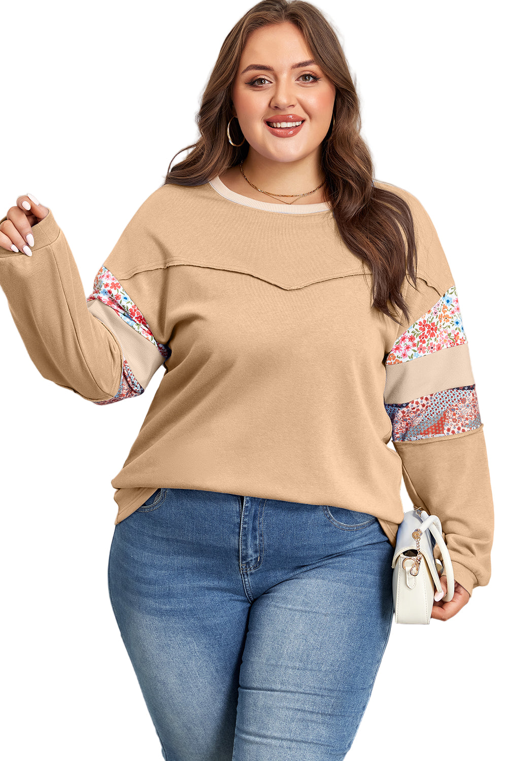 Khaki Exposed Seam Floral Mixed Patchwork Relaxed Plus Size Top Garden Naked Curves