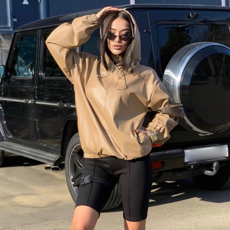 Women's Leather Versatile Round Neck Hoodie See size chart under “more details” The Fashion Celestial