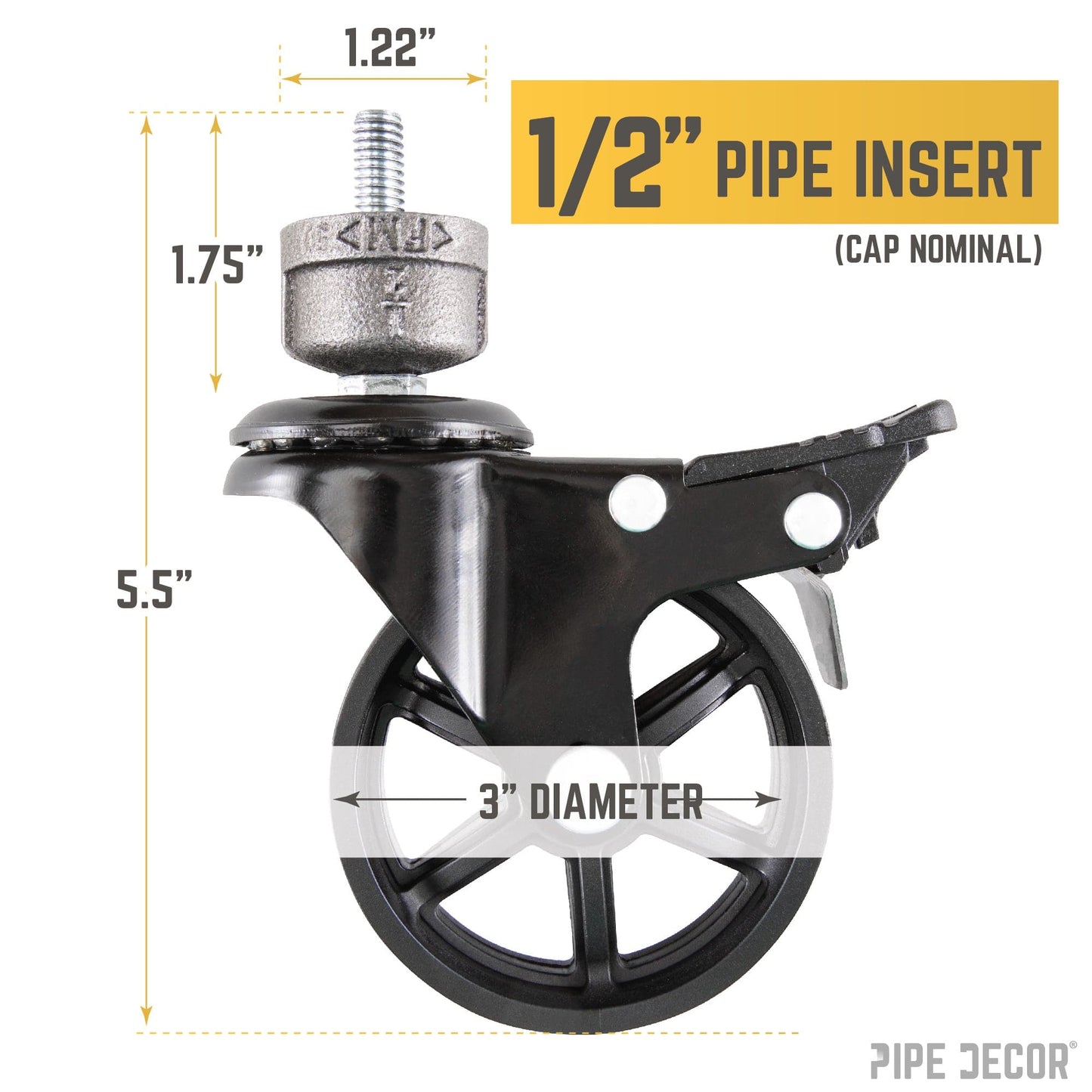 Swivel Caster Wheels for  ½” Pipe with Locking Mechanism (4-Pack) PIPE DECOR