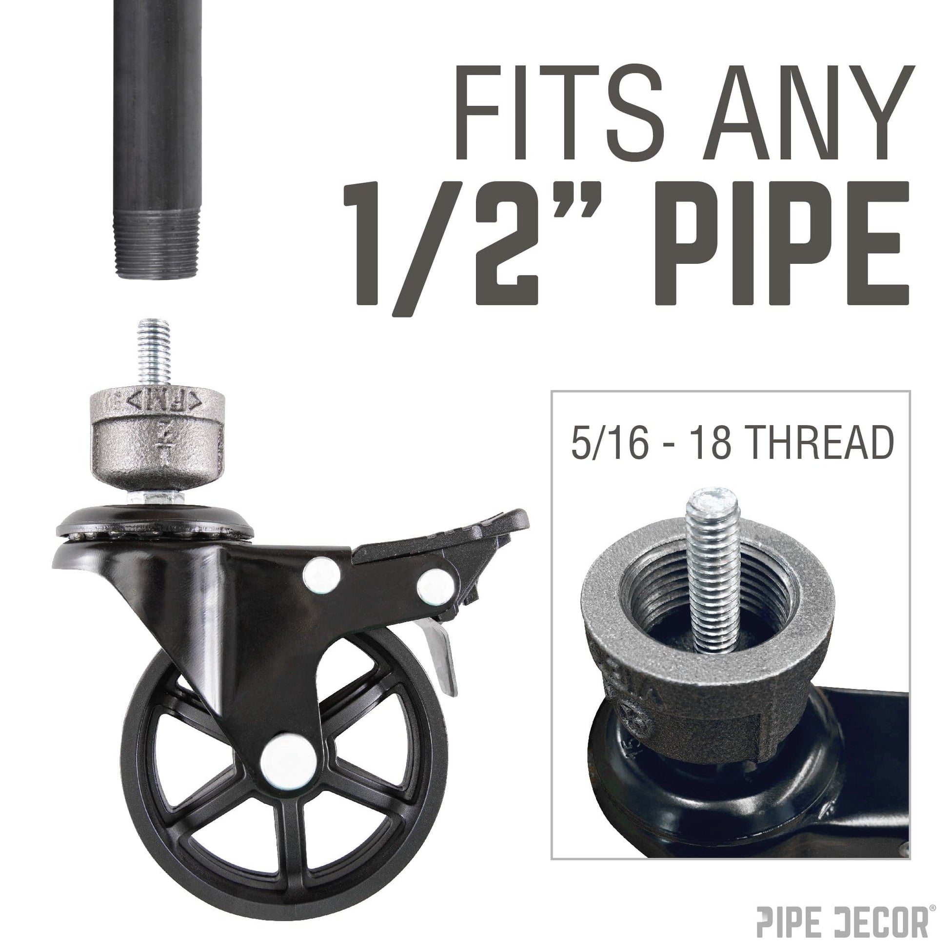 Swivel Caster Wheels for  ½” Pipe with Locking Mechanism (4-Pack) PIPE DECOR