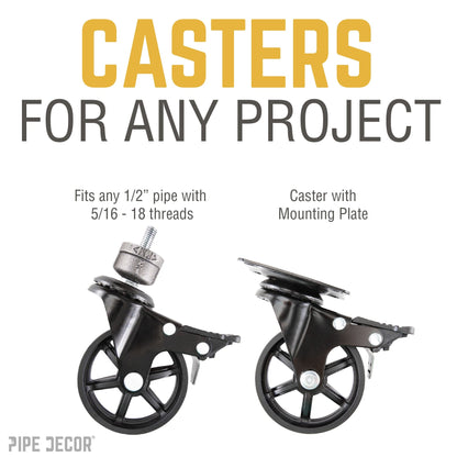 Swivel Caster Wheels for  ½” Pipe with Locking Mechanism (4-Pack) PIPE DECOR