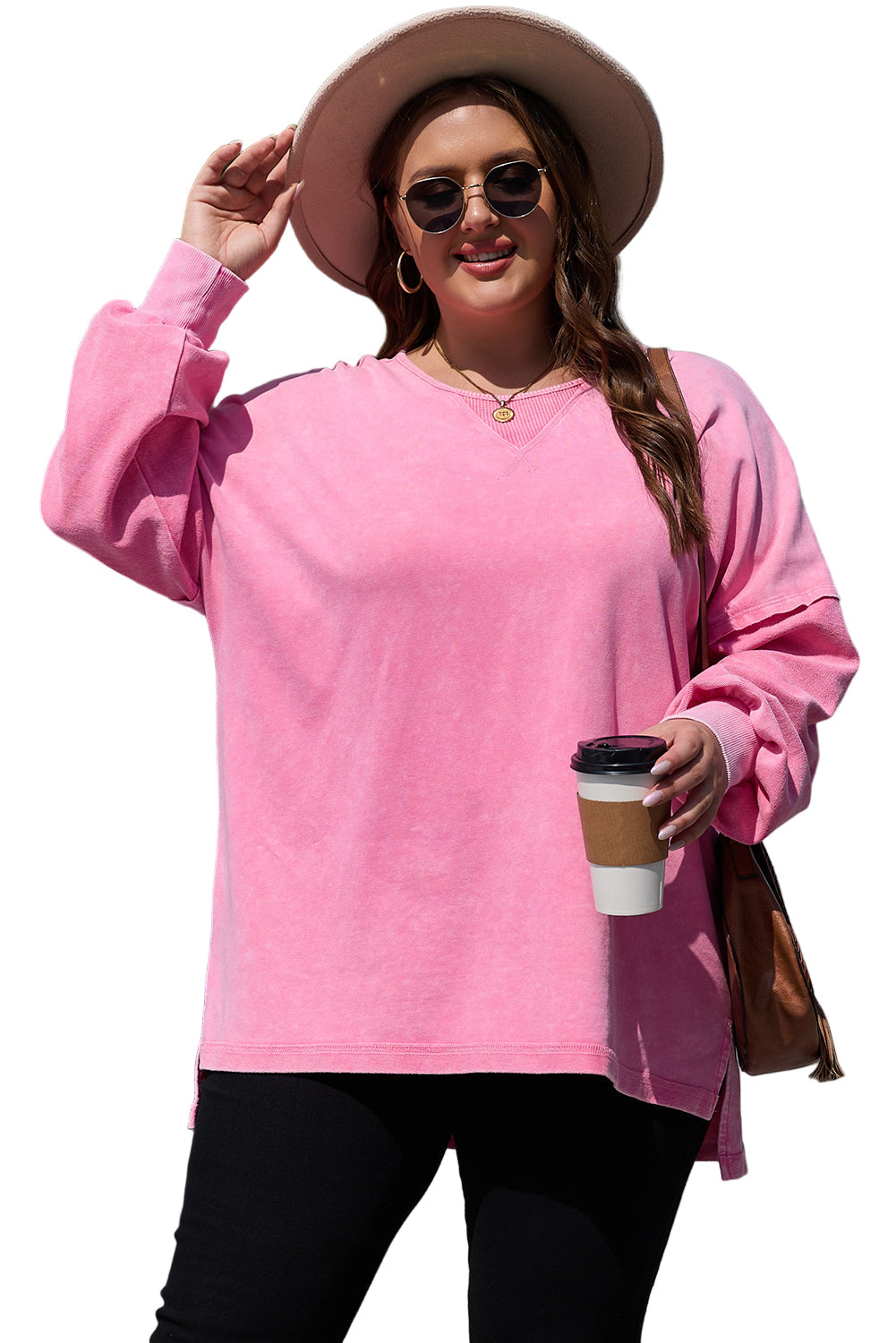 Pink Plus Size Mineral Wash Drop Shoulder Round Neck Sweatshirt Garden Naked Curves