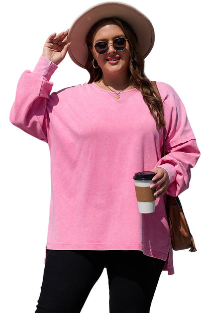 Pink Plus Size Mineral Wash Drop Shoulder Round Neck Sweatshirt Garden Naked Curves