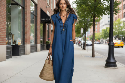Women's Sleeveless Ruffle Pocket Maxi Dress FitiqueFit