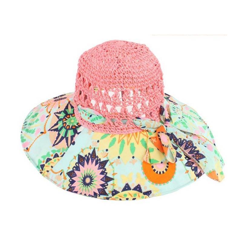 Women's Patterned Straw Beach Sun Hat – Round Crown UV Protection Summer Hat FitiqueFit