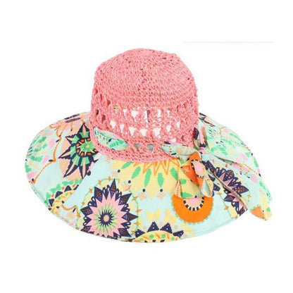 Women's Patterned Straw Beach Sun Hat – Round Crown UV Protection Summer Hat FitiqueFit
