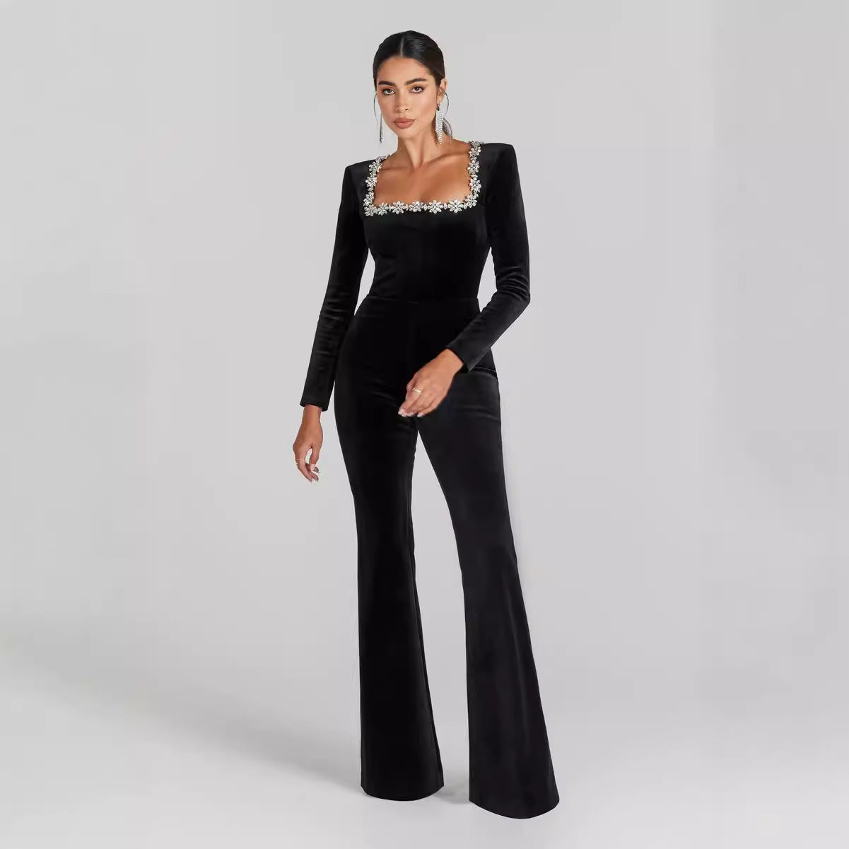 Women’s Diamond-Encrusted Square-Collar Flared Jumpsuit FitiqueFit