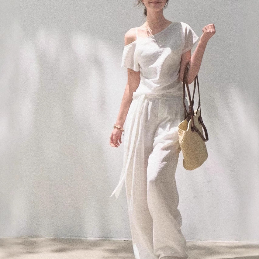 Linen Off-Shoulder Asymmetric Casual Set – 2 Colors, S–L FitiqueFit