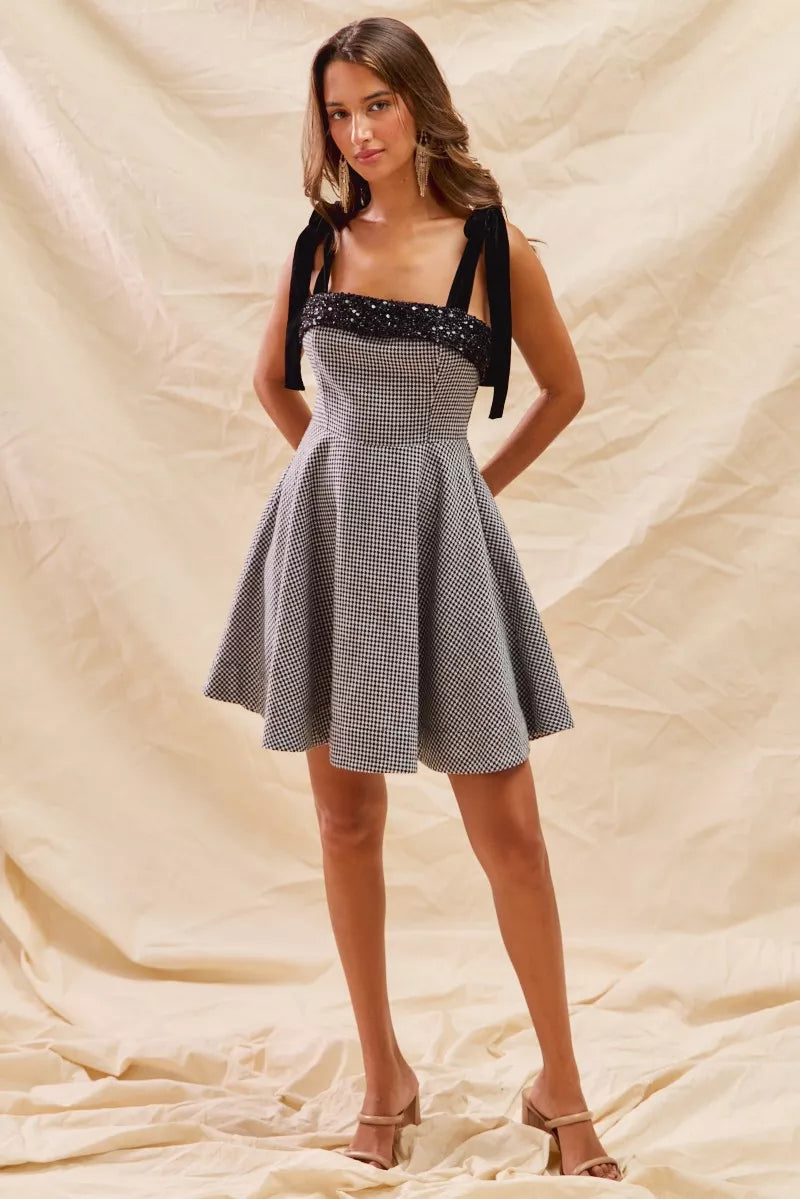 SO ME Houndstooth Fit Flare Mini Dress with Shoulder Tie West2East Surf