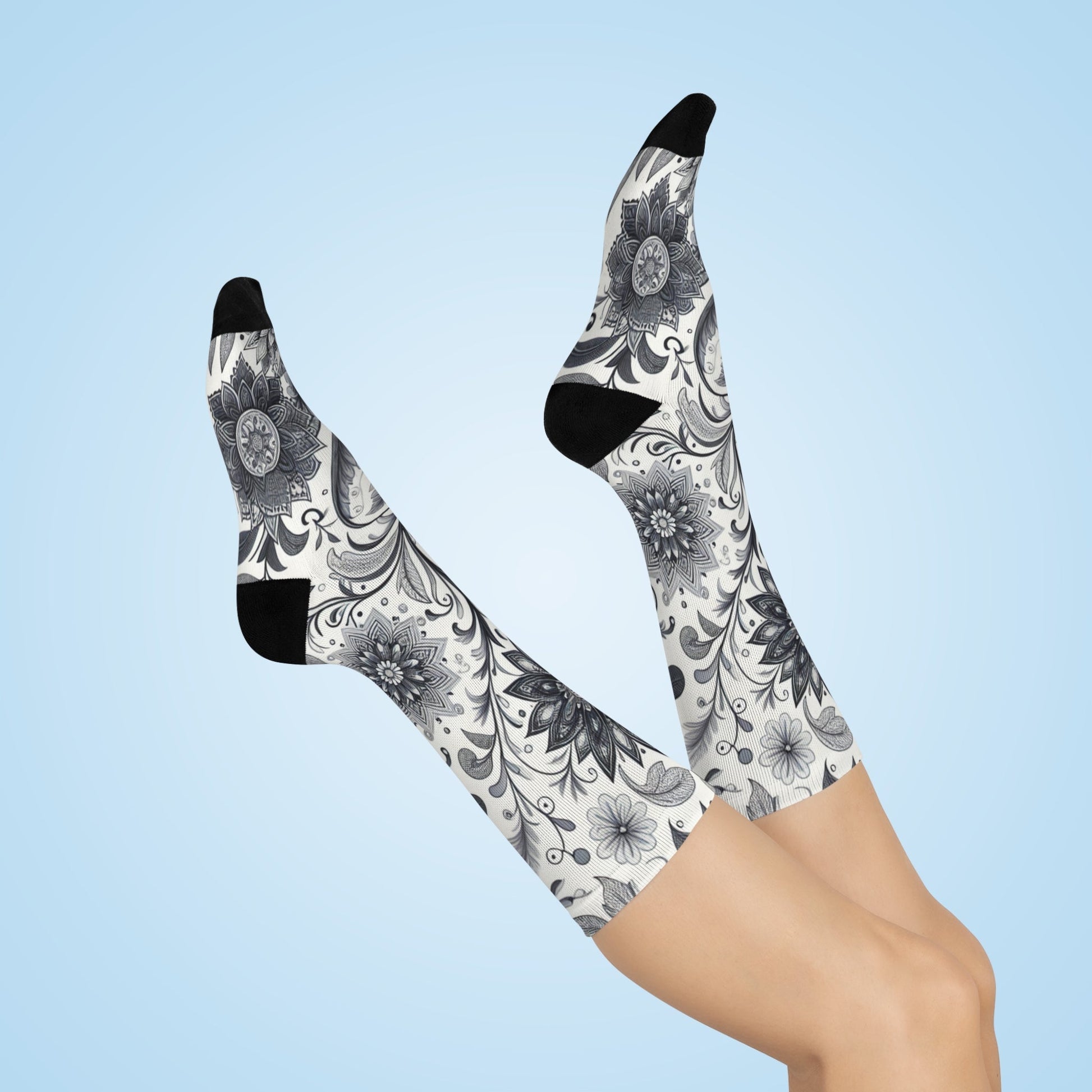 Floral Pattern Cushioned Crew Socks, Cozy Footwear for Relaxation, Gifts for Her, Everyday Comfort Socks, Unique Sock Design Grayceful LLC