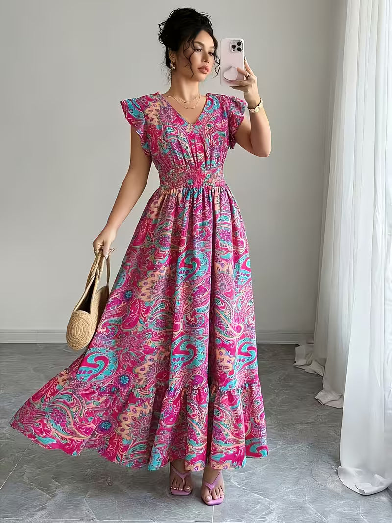 Women's V-Neck Floral Print A-Line Midi Dress – High Waist Sleeveless FitiqueFit