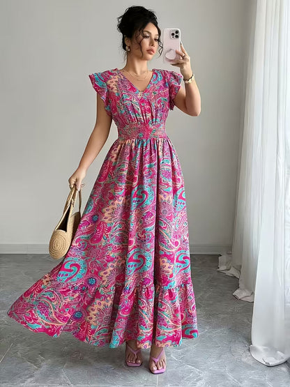Women's V-Neck Floral Print A-Line Midi Dress – High Waist Sleeveless FitiqueFit