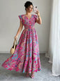 Women's V-Neck Floral Print A-Line Midi Dress – High Waist Sleeveless FitiqueFit