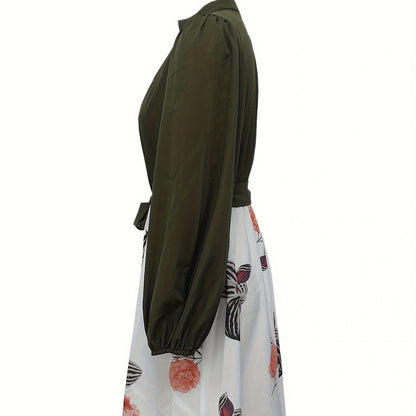 Ladies' Fashion Printed V-neck Waist Strap Casual Dress FitiqueFit