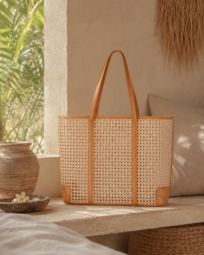 Dian Leather and Rattan Tote Bag Village Thrive