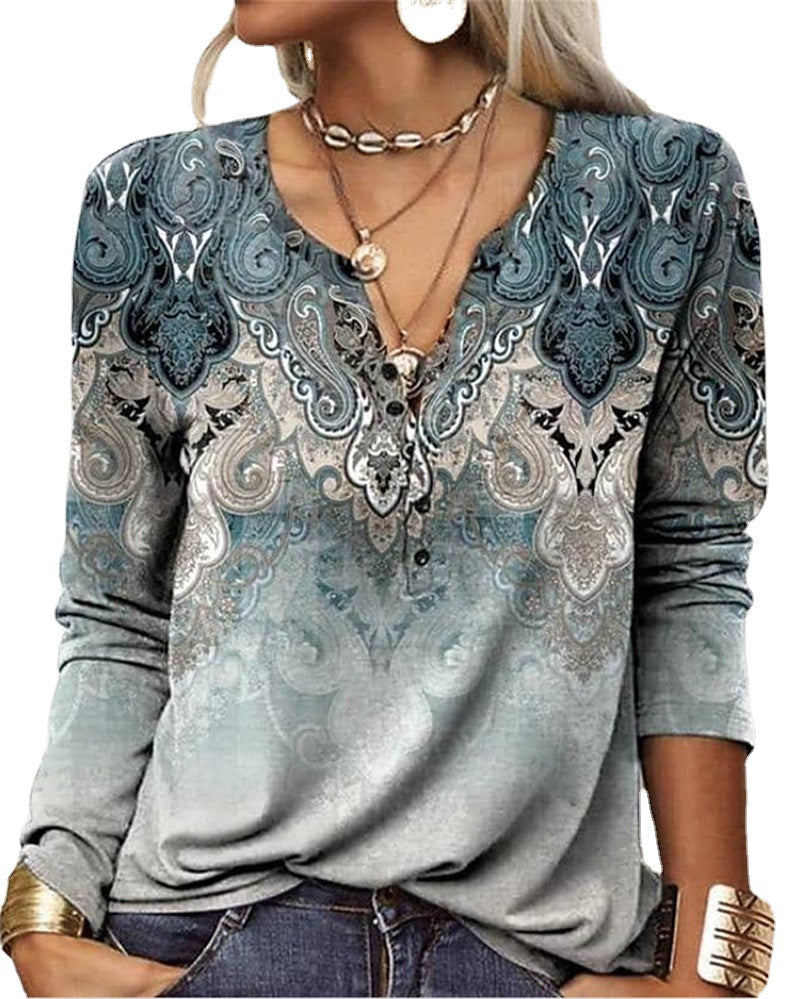 Women's Ethnic Print V-Neck Long Sleeve Loose T-Shirt FitiqueFit