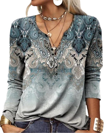 Women's Ethnic Print V-Neck Long Sleeve Loose T-Shirt FitiqueFit