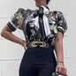 Printed chain shirt bow puff sleeve See size chart under “more details” The Fashion Celestial