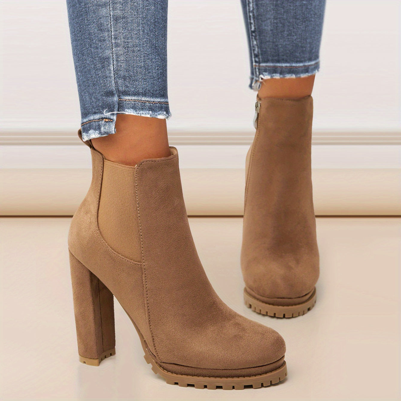 Women's Pointed Toe Short Boots, Tound Toe Side Zipper Chunky Heeled Platform Ankle Boots, Women's Footwear NovaCart