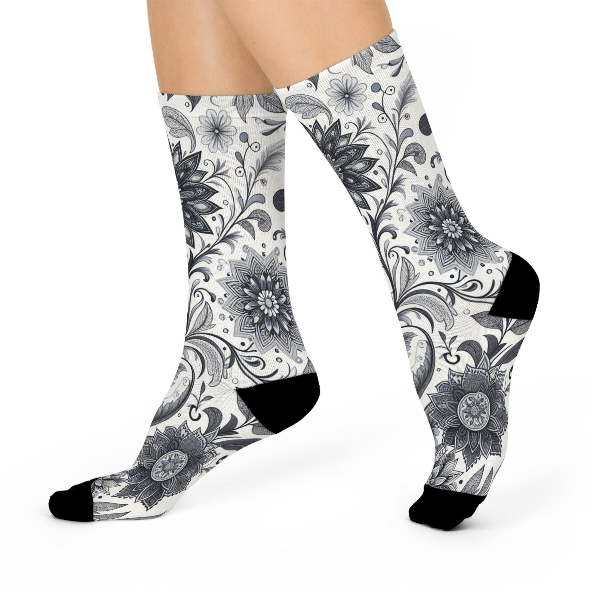 Floral Pattern Cushioned Crew Socks, Cozy Footwear for Relaxation, Gifts for Her, Everyday Comfort Socks, Unique Sock Design Grayceful LLC