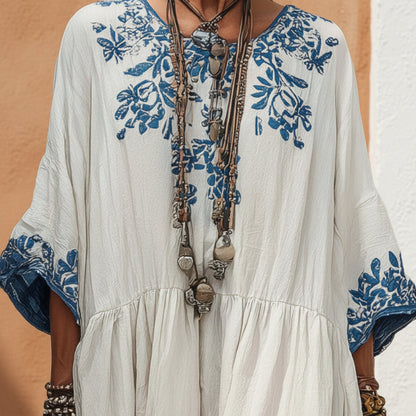 Women's Printed Batwing Sleeve Midi Dress – Loose Fit Linen Blend FitiqueFit