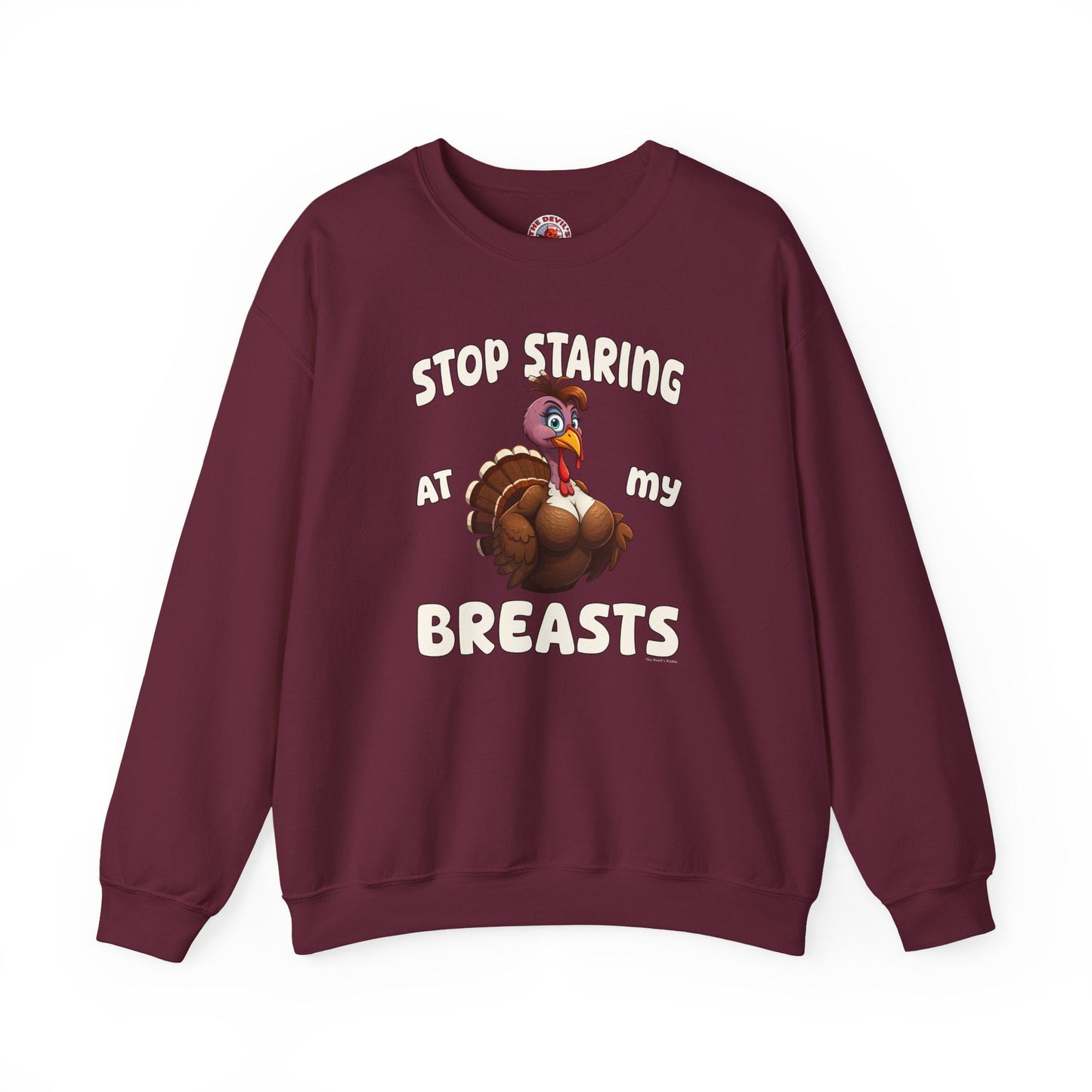 Stop Staring At My Breasts Crewneck Sweatshirt The Devil's Pickle